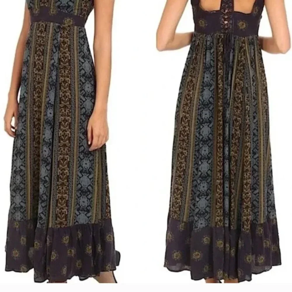 Free People Blue Maxi Sundress with Halter Neckline and Sleeveless Design - Picture 2 of 8